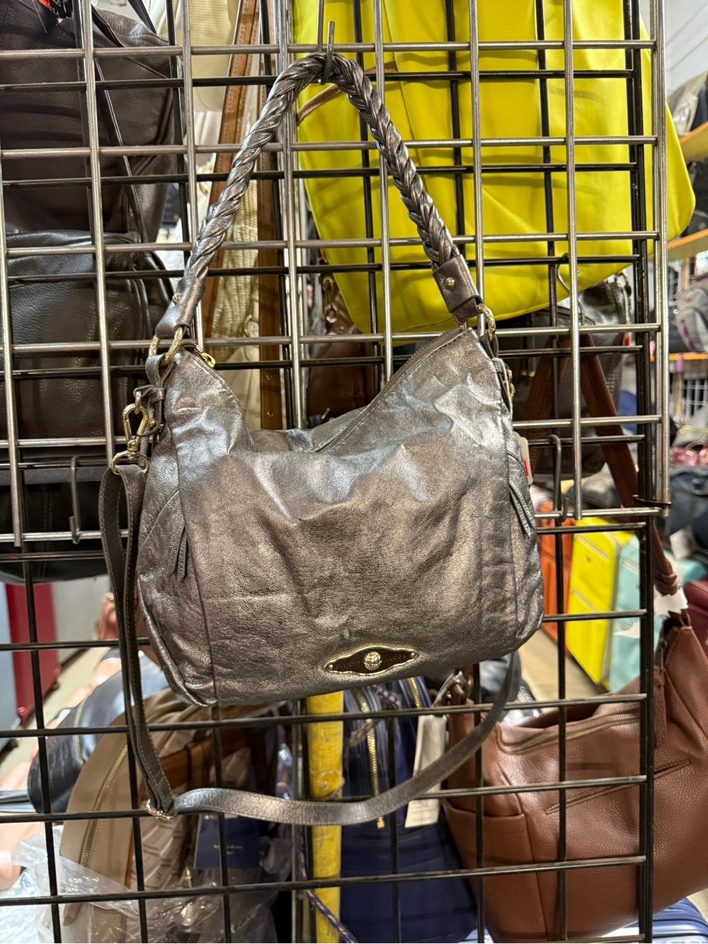 Vintage Elliot Lucca Metallic Gray Shoulder Bag with Braided Handle